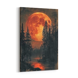 Serene Moonlit Cabin Gemälde Druck Bauernhaus Sternenhimmel Leinwand Wandkunst Rustikale Holzhütte Decor hoch aufragenden Pines Poster fertig zum Aufhängen