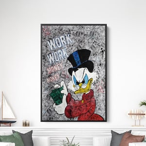 ワーク・ワーク・マネー・マネー・マクダック・ポップアート - スクルージ・マクダックをフィーチャーした大胆なグラフィティキャンバスウォールアート、都会的な漫画スタイルのホームデコレーション