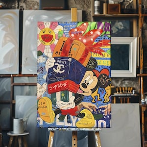 Mickey Mouse Shopping Pop Art Graffiti Painting, Mickey Mouse Handmade Oil Painting, Banksy Style Mickey Mouse Pop Art Oil Paint