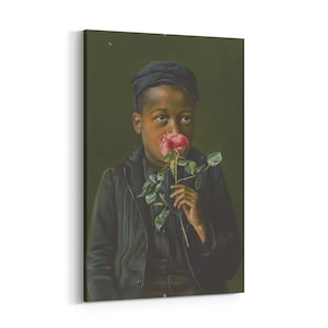 African American Boy Fine Art Canvas Print, Child Smelling Rose, Vintage Black Portrait, Antique-Style Wall Art