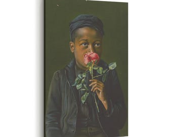 African American Boy Fine Art Leinwanddruck, Kind riechende Rose, Vintage schwarze Porträt, Wandkunst im antiken Stil
