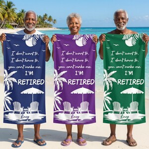 Anpassad namngiven strandhandduk för pensionärer, personlig strandhandduk för pensionärer, anpassad strandhandduk för sommarsemestern, personliga pensionsgåvor