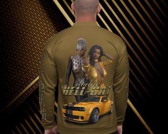May include: A brown bomber jacket with a yellow Dodge Hellcat muscle car, two women, and the text "dodge HELLCAT" printed on the back.