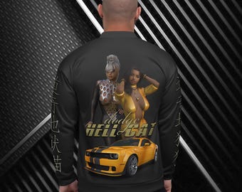 May include: A black bomber jacket with a yellow Dodge Hellcat car, two women, and Japanese text on the sleeves.