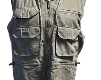 Vintage Banana Republic Safari Vest 100% Cotton Packable Hood Zip Utility Size S