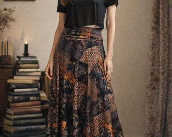 Vintage Patchwork Print Maxi Skirt – High Waist Boho Art Nouveau Size Small