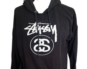 Bluza z kapturem Stussy w kolorze czarnym z logo, wyprodukowana w USA w epoce Y2K, rozmiar L