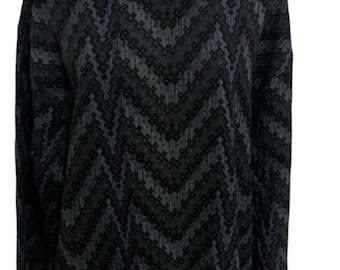 Jersey vintage de Jhane Barnes de mezcla de lana, talla L, estampado de espiga, negro y azul.