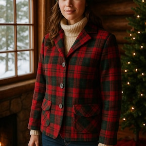 以下が含まれることがあります： 赤と緑のチェック柄ブレザー。2つのフロントポケットと3つのボタンが付いています。クリーム色のタートルネックセーターの上に着用し、ブルージーンズと合わせています。グリーンのビーニーがルックを完成させています。