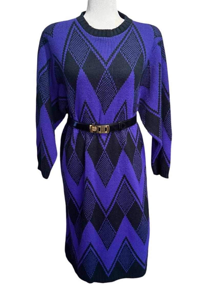 fitted lace wedding dress Black and Lilac Geometric Sweater Dress L – OMNIA main image 0