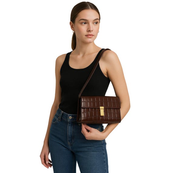 COLE HAAN Vintage Croc-embossed Leather Shoulder Bag Brown  display picture 1
