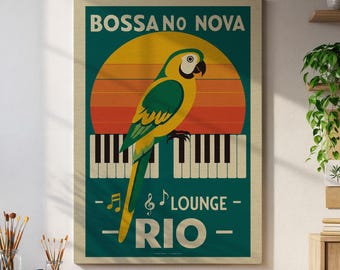Bossa Nova Rio Lounge Wall Art – Retro Sunset Parrot and Piano