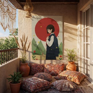 Japanese Girl Illustration Poster, Anime Aesthetic Wall Art, Red Sun and Nature Print, Framed or Rolled, Gift for Teen or Anime Lover