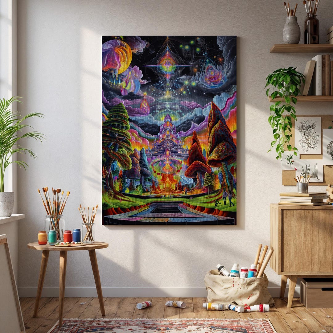 Psychedelic Temple Wall Art – Trippy Cosmic Kingdom Poster With Neon ...