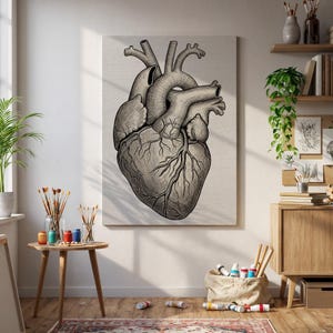 Framed Anatomical Heart Wall Art, Black Ink Medical Illustration Poster, Realistic Organ Print, Gothic Gift for Doctor or Science Lover