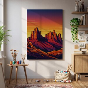 Framed Sunset Desert Wall Art – Bold Mountain Silhouette Canvas Print, Western Landscape Poster for Kitchen or Boho Living Room Decor