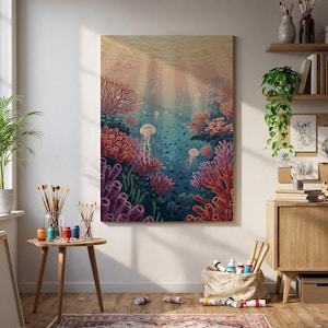 Underwater Coral Reef Canvas Art, Ocean Scene Wall Print, Colorful Sea Life Poster, Jellyfish & Coral Decor, Marine Nature Artwork Home