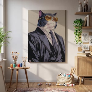 Framed Cool Cat Canvas Wall Art in Suit and Glasses, Funny Animal Portrait, Whimsical Decor for Office Bedroom or Pet Lover Gift
