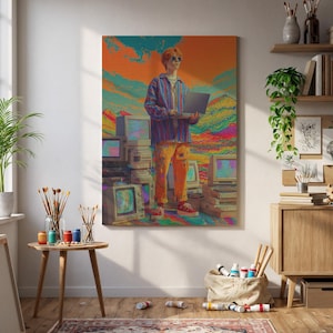 Retro Hacker and Old Computers Wall Art – Colorful Tech Aesthetic with 90s Glitch Background and Vintage Monitors, Vaporwave Room Decor