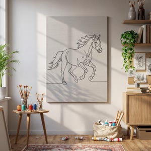Framed Galloping Horse Line Art Canvas, Minimal Animal Wall Print, Black White Equestrian Poster, Western Horse Lover Gift Home Deco