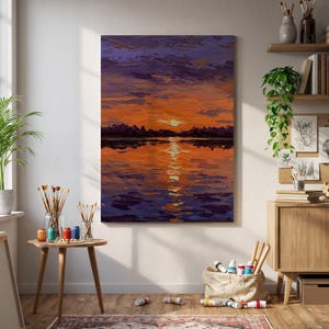 Sunset Lake Reflection Canvas Wall Art – Bold Impressionist Painting in Orange and Purple, Serene Nature Landscape for Relaxing Decor