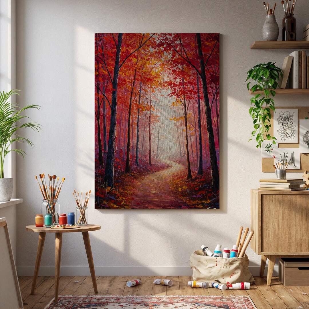 Autumn Forest Path Wall Art – Misty Fall Woodland Painting Print, Red ...