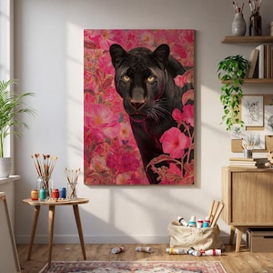 Black Panther Wall Art – Vibrant Floral Jungle Cat Print with Bold Pink Flowers, Exotic Wild Animal Poster for Modern Boho Interiors
