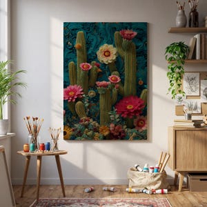 Vibrant Blooming Cactus Wall Art Lush Desert Succulent Garden with Bright Pink, Yellow & Red Flowers on Deep Teal Baroque Background Home