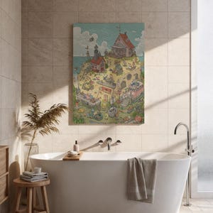 Póster ilustrado caprichoso, impresión de arte mural de un pueblo costero, decoración de cocina colorida y peculiar, enrollable o enmarcada, regalo para inauguración de la casa o para niños.