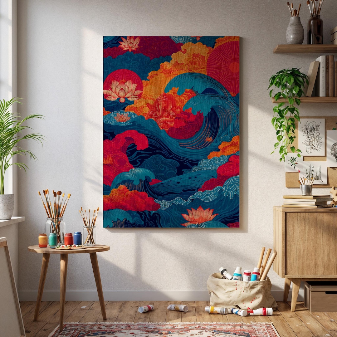 Zen Ocean Waves Wall Art – Japanese Inspired Lotus and Sea Print With ...