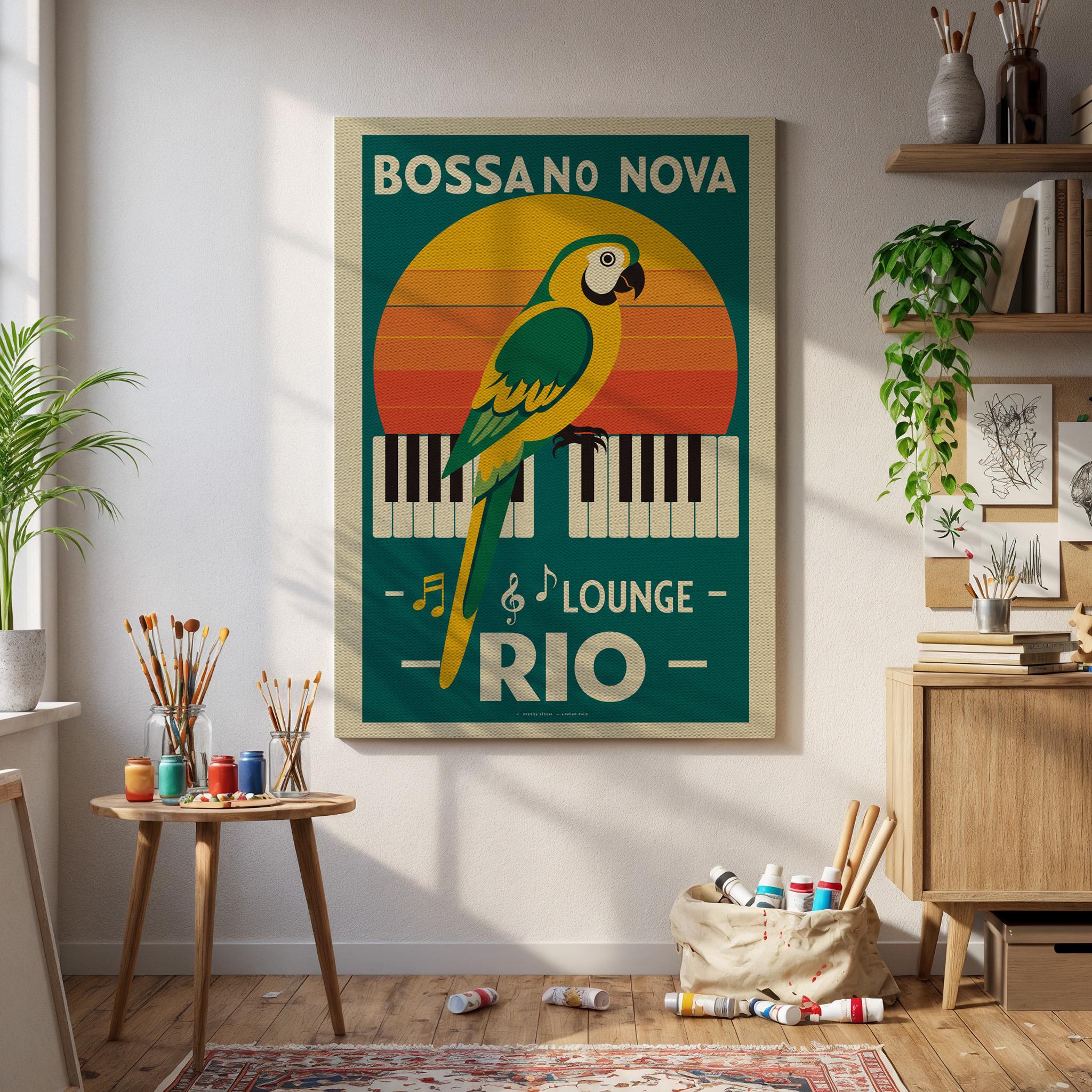 Bossa Nova Rio Lounge Wall Art – Retro Sunset Parrot and Piano