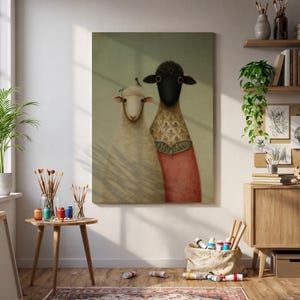 Whimsical Sheep Portrait Canvas – Folk Art Style Animal Couple Wall Print with Minimal Pastel Tones and Vintage Textile Patterns