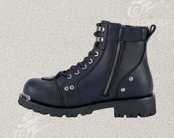 Men's Motorcycle Riding Boots Waterproof Black Faux Leather Side Zipper Low Heel