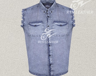 Men’s Sky Blue Denim Biker Vest - Stonewashed 100% Cotton Cutoff Shirt - Button Down Anti-Flap Collar - Distressed Frayed Sleeve Moto Shirt