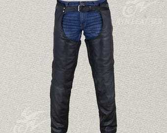 Men's Leather Motorcycle Chaps, Genuine Black Cowhide Biker Chaps, Adjustable Riding Overpants, Western Cowboy Style Biker Gear,Gift for Him