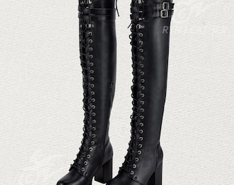Black Thigh High Lace-Up Boots, Chunky Heel Gothic Combat Boots