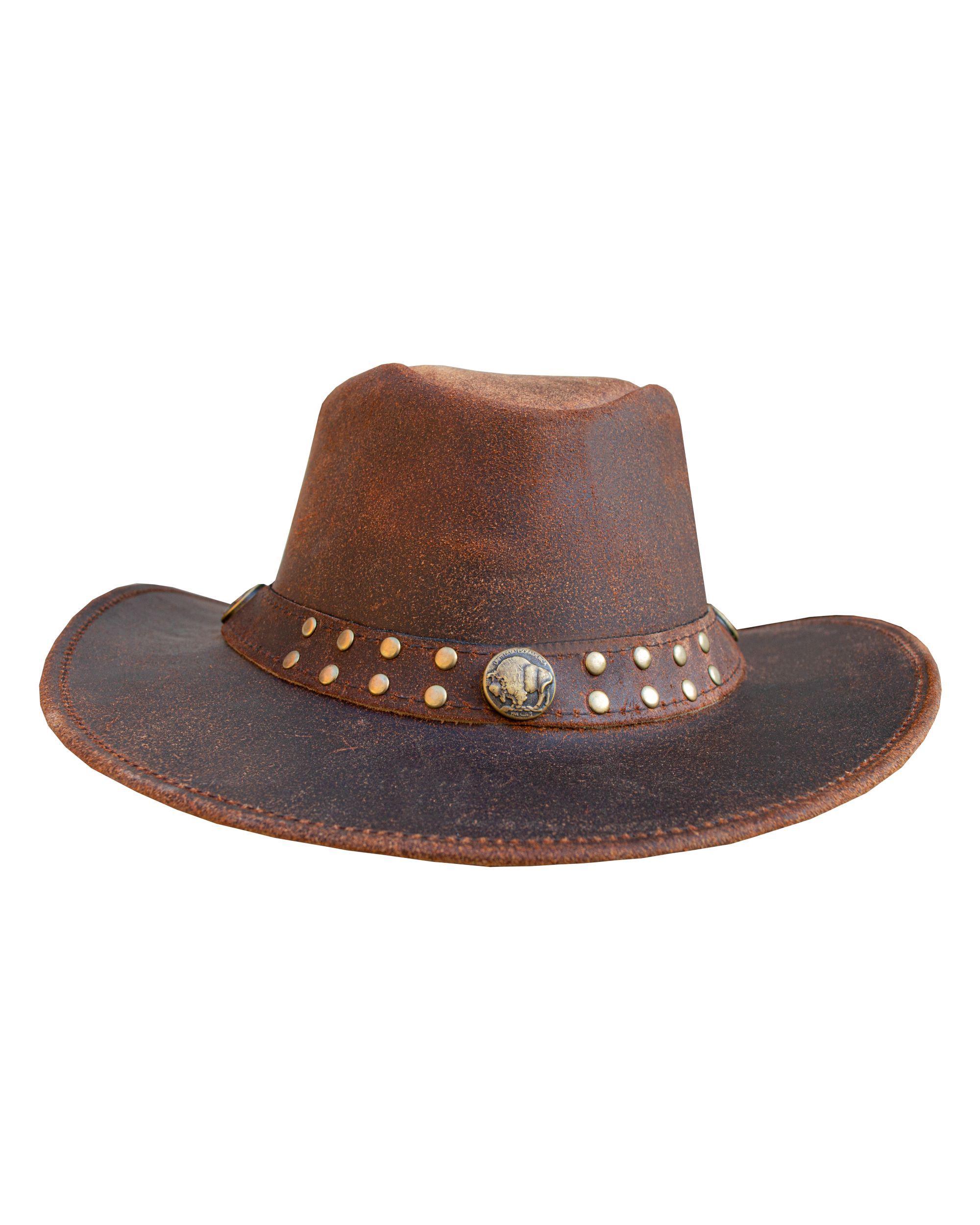 Men's Brown Top-Grain Premium Leather Western Cowboy Studded Hat for Halloween Headman
