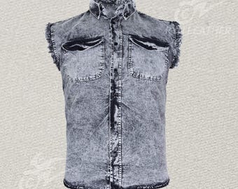 Mens Biker Cuttoff Cotton Shirt Stonewash Black/White