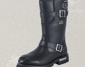 Genuine Leather Motorcycle Biker Boots with Buckle Straps