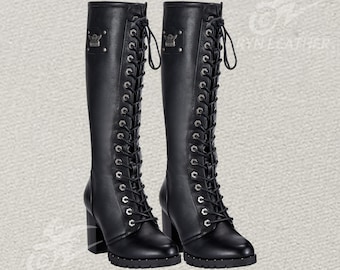 Womens Knee High Laced Boots, Side Zipper