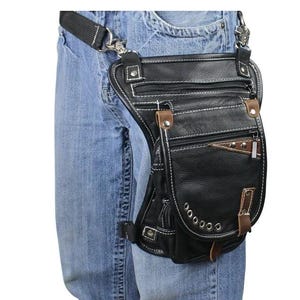 Naked Cowhide Leather Thigh Bag Pocket - Black And Touch Of Dark Brown Travel Bag holster bag Hip Bag Leather Bags Waist Bags