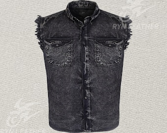 Oversized Men's Stonewash Black Denim Biker Vests Ripped black Jacket