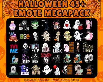 May include: A collection of Halloween-themed digital emotes, featuring various spooky characters and phrases. The image includes ghosts, mummies, and other monsters, with text like "UH OH" and "LOL SCARY". The background is orange with a spiderweb design.