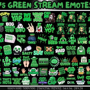 Op de afbeelding: Een verzameling van 75 digitale stream-emotes met een levendig groen kleurenpalet. De set bevat diverse stripfiguren, tekstzinnen zoals 'Born to Yap', 'Big Brain' en 'Slay', evenals iconen zoals harten, hersenen en kronen.