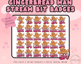 May include: A set of 30 gingerbread man bit badges for Twitch streamers. The badges feature a gingerbread man in various poses with numbers from 1 to 5 million.