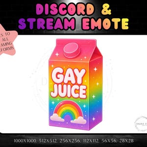 Puede incluir: Una ilustración digital de un cartón con la etiqueta GAY JUICE en letras blancas. El cartón presenta un fondo con degradado de arcoíris, un pequeño gráfico de arcoíris con nubes rosas y detalles de estrellas blancas. El texto DISCORD & STREAM EMOTE aparece arriba.