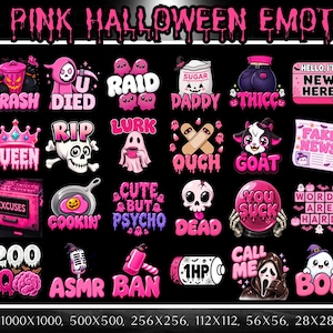 Peut inclure: Une collection numérique de 48 émoticônes sur le thème d'Halloween en rose, présentant divers personnages effrayants et des phrases textuelles comme TRASH, U DIED, RAID, DADDY, THICC, NEW HERE, QUEEN, RIP, LURK, OUCH, GOAT, FAKE NEWS, COOKIN, PSYCHO, DEAD, YOU SUCK et BOO.