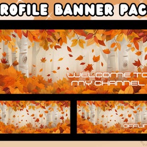 May include: A digital profile banner pack featuring an autumn forest scene with orange, red, and yellow leaves, white birch trees, and the text "PROFILE BANNER PACK", "WELCOME TO MY CHANNEL", and "OFFLINE" displayed in a clean white sans-serif font.