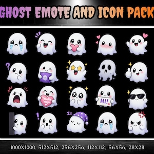 Może przedstawiać: Cyfrowa kolekcja zatytułowana GHOST EMOTE AND ICON PACK zawierająca dwadzieścia unikalnych białych postaci duchów z różnymi wyrazami twarzy, w tym płaczem, śmiechem, snem i noszeniem okularów przeciwsłonecznych, o wymiarach 1000x1000, 512x512, 256x256, 112x112, 56x56, 28x28.