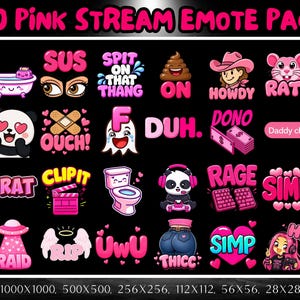 Puede incluir: Una colecci&oacute;n digital de 60 emoticonos de streaming en tonos rosas con varios personajes, objetos y textos como SUS, HOWDY, OUCH, F, DONO, BRAT, CLIP IT, RAGE, SIMP, RAID, RIP, UWU, THICC y HI, presentados en una cuadr&iacute;cula sobre fondo negro.